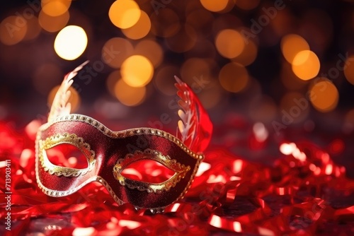 Carnival party with Venetian masks, red glitter, streamers, and abstract lights.