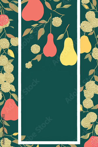 Summer Festival Poster: Celebrate the Season with Asian Delights and Traditional Japanese Prints. Enjoy the bounty of a joyful, fruitful orchard with ripe fruits in a springtime atmosphere.