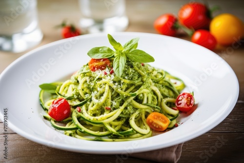 Courgette spaghetti with pesto and cherry tomatoes
