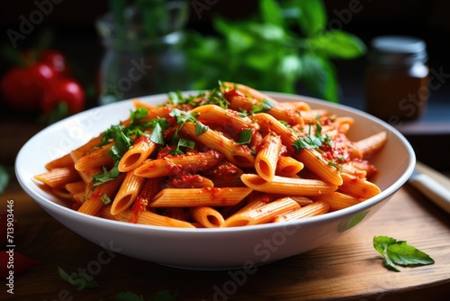 Spicy chili sauce on penne pasta photo