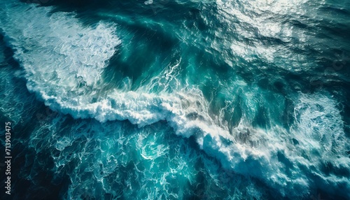 on the beach ocean sea water white wave splashing in the deep sea. Drone photo backdrop