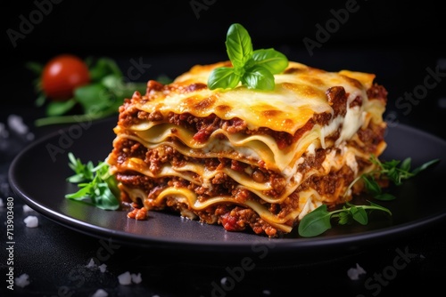 Delicious homemade Italian lasagna with bolognese sauce basil and cheese on a white plate