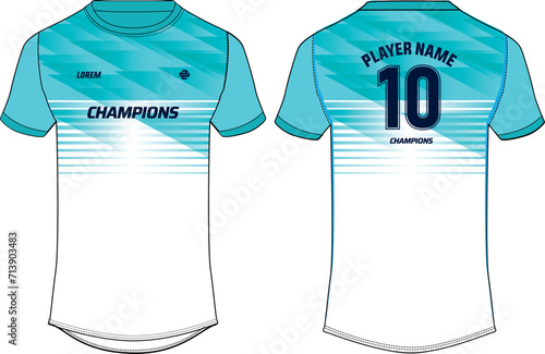 Sports jersey t shirt design flat sketch illustration, Abstract Stripe printed Round neck football jersey concept with front and back view for Cricket, soccer, Volleyball and badminton uniform kit
