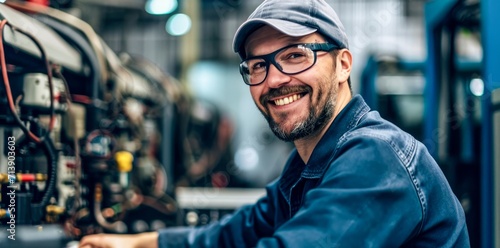 A stylish man with a beaming smile and a cap, sporting glasses, stands confidently on a busy street