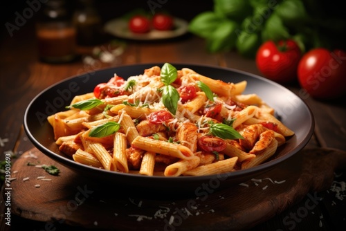Italian style Bolognese pasta with chicken tomatoes and basil on a wooden table