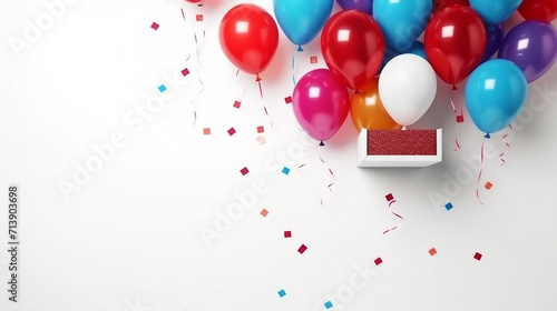 Vibrant Birthday Celebration Flat Lay with Colorful Balloons and Confetti Escape - Festive Party Concept with Copy-Space for Happy Greetings and Special Occasions