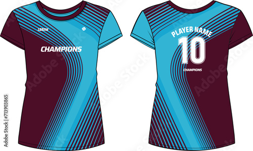 Women Sport Jersey t-shirt design flat sketch Illustration, Stripe Abstract pattern Round neck t shirt for girl and Ladies Volleyball jersey, Football, badminton, Soccer and netball, Sport uniform kit