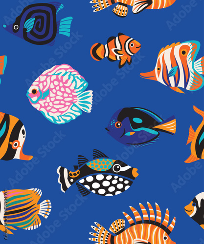 Seamless pattern with beautiful tropical fishes, exotic sea wildlife