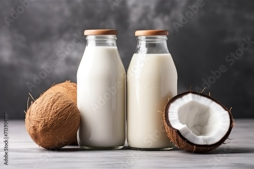 Variety of coconut vegan milk in various bottles, no dairy, with space for text.