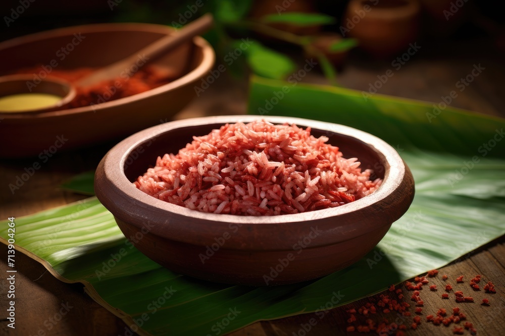 Earthenware with kitchen background showcasing Kerala Matta rice Earthenware with kitchen background showcasing Kerala Matta rice