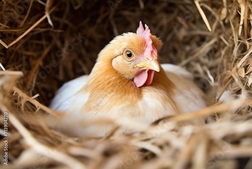 Photo of a hen standing near chicken eggs in a hay nest
