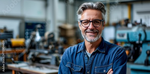 A skilled technician in a denim shirt and glasses works diligently on a machine in a factory workshop, showcasing the marriage of engineering and style in the human face