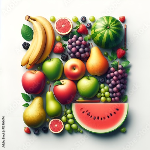 Composition with different fresh fruits. Fresh fruits assorted fruits colorful background. Vitamins concept