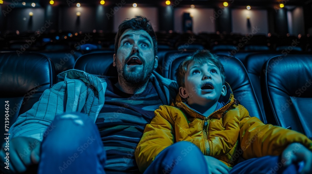 A man and boy, dressed in elegant clothing, sit in the dimly lit theater, their faces illuminated by the flickering screen as they share a moment of cinematic wonder together A man and boy, dressed in elegant clothing, sit in the dimly lit theater, their faces illuminated by the flickering screen as they share a moment of cinematic wonder together
