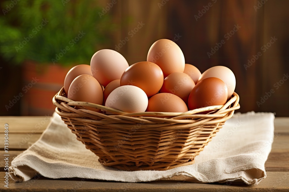 Eggs in a basket placed on a wooden table