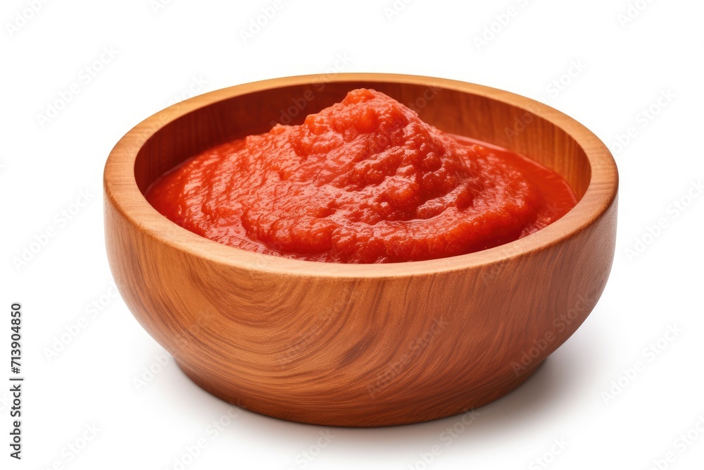 Tomato paste in wooden bowl on white background Tomato paste in wooden bowl on white background