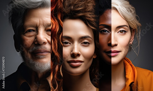 Composite portrait blending diverse faces of different ages, ethnicities, and races symbolizing inclusion and diversity in community and workplace photo
