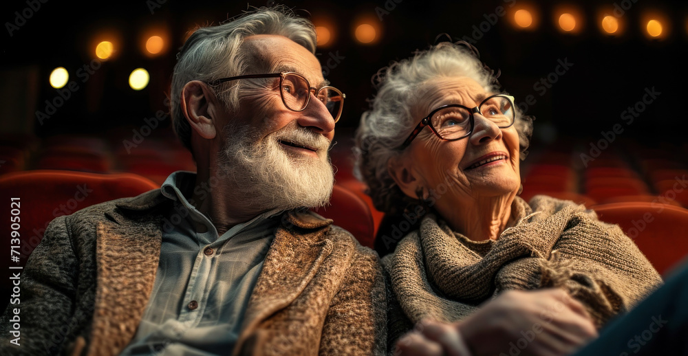 Elderly couple enjoying a captivating movie together, sharing a moment of leisure and entertainment in the warm glow of a theater setting