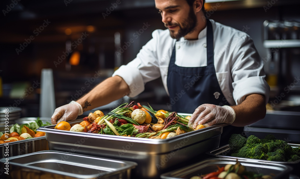 Chef in a commercial kitchen practicing sustainability by sorting biodegradable organic waste for composting, highlighting food industry's commitment to eco-friendly trash management Chef in a commercial kitchen practicing sustainability by sorting biodegradable organic waste for composting, highlighting food industry's commitment to eco-friendly trash management