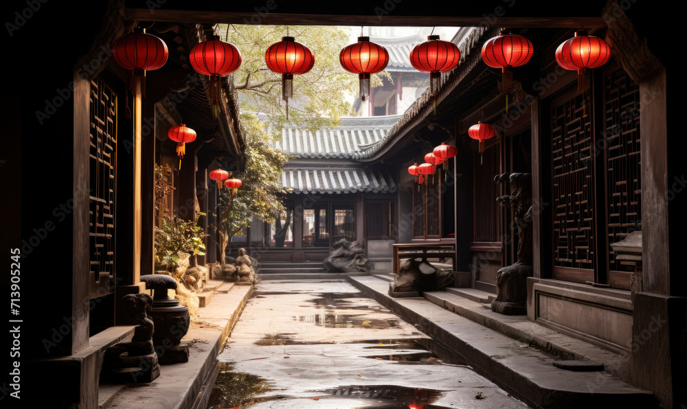 Traditional Chinese courtyard architecture with red lanterns hanging in a serene alleyway, embodying ancient cultural heritage and tranquility