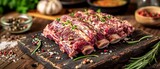 A succulent cut of raw meat awaits its transformation into a delectable delicacy, as the rich animal fat glistens on the cutting board amidst vibrant plant-based ingredients