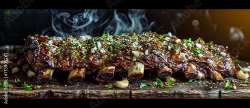 Indulge in a succulent meaty feast with a mouthwatering rack of ribs, seasoned with aromatic spices and herbs, cooked to perfection on a sizzling barbecue and glazed with a tantalizing teriyaki sauce photo