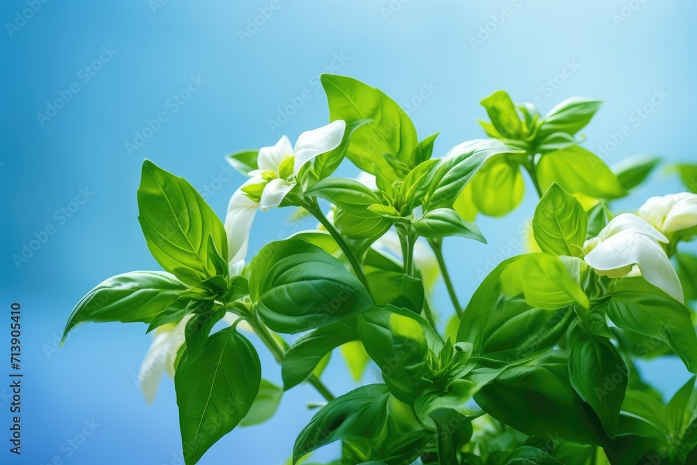 White-flowered basil plant blossoming on a blue backdrop.
