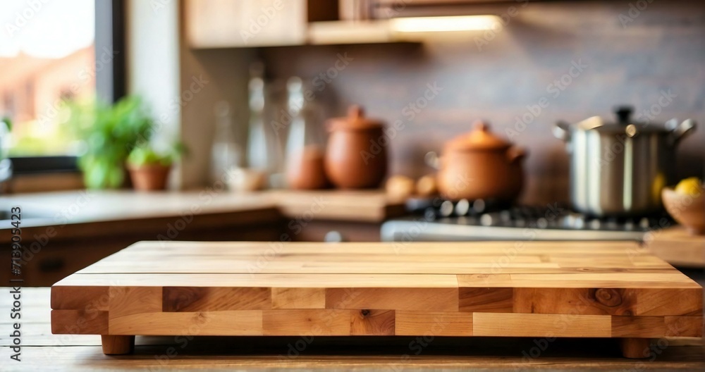 Wooden displays for kitchen products with a blur bokeh kitchen background, for product display needs