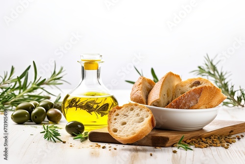 Mediterranean food concept with herbs olive oil and ciabatta bread