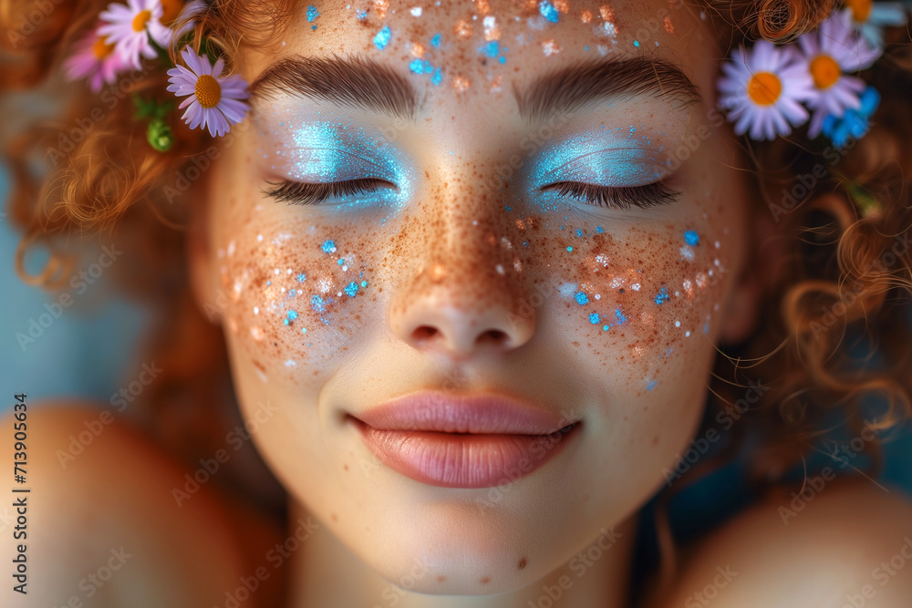 Serene Woman with Floral Decor and Glitter Makeup