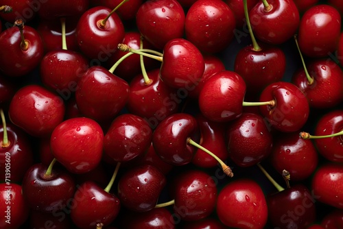 Top view of fresh ripe cherries in the background