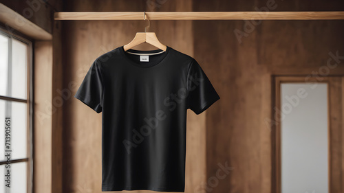black cotton t-shirt, hanging using  wood colore hanger
