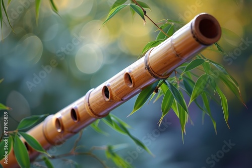 bamboo flute suspended amidst green leaves photo