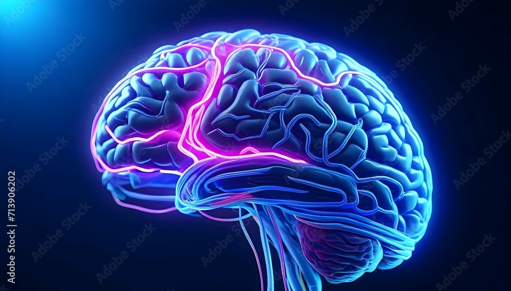 Dynamic 3D Brain, Neon Lines Illuminate Neural Network Connections. Dynamic 3D Brain, Neon Lines Illuminate Neural Network Connections.