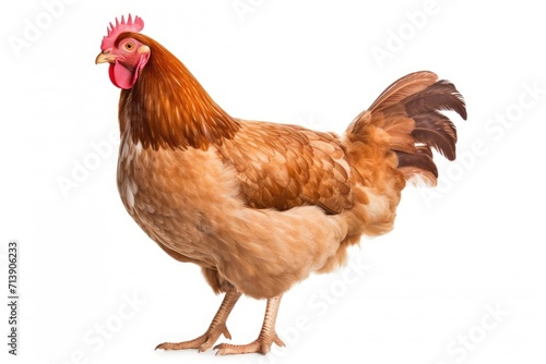 Brown chicken standing alone on white background for farm animal theme