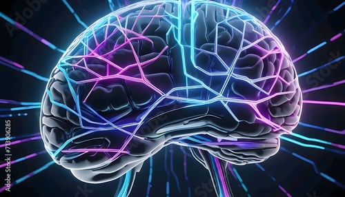 Dynamic 3D Brain, Neon Lines Illuminate Neural Network Connections.