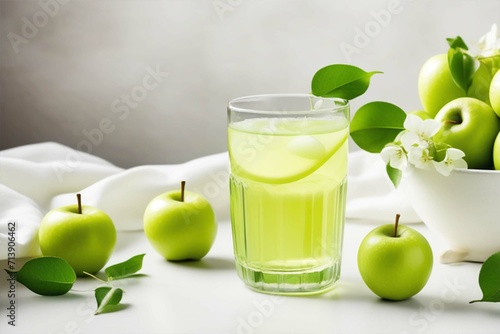 Fresh harvest of green apples and and a glass of juice on white on the table. Ripe seasonal fruits