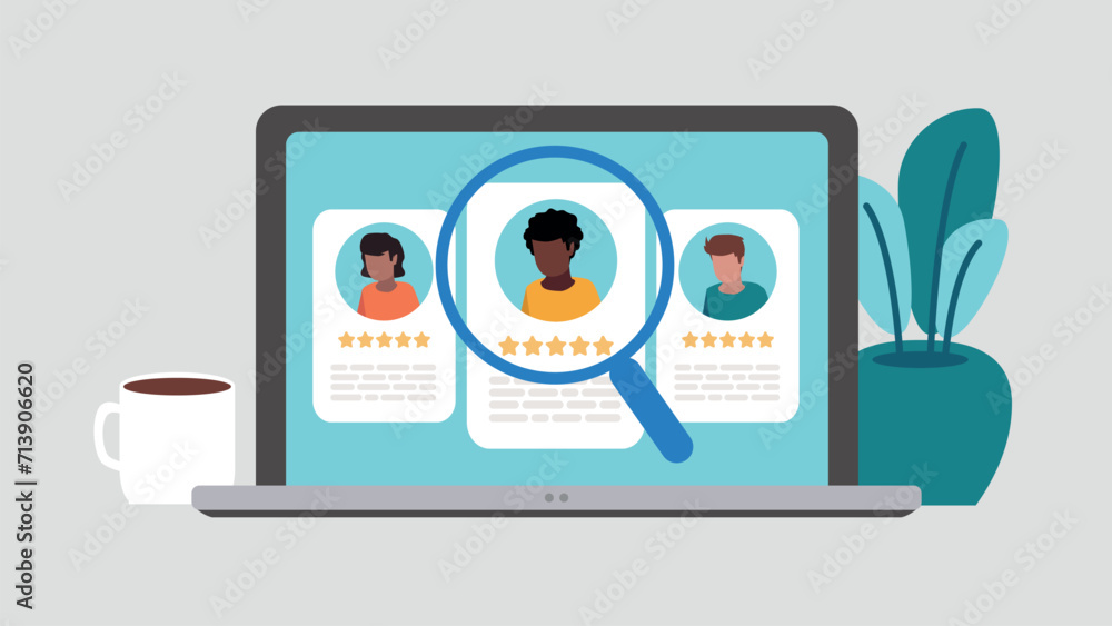 Obraz premium Vektor-Illustration eines Laptop-Bildschirms mit der Wahl der neuen Mitarbeiter - Recruitment-Konzept