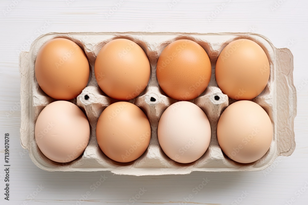 Detailed perspective of fresh chicken eggs in container on clean wooden surface Detailed perspective of fresh chicken eggs in container on clean wooden surface