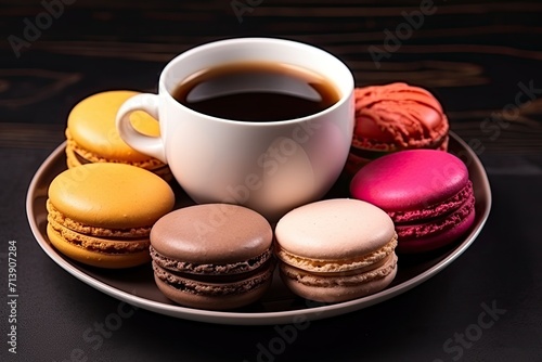 Colorful macarons on black background to go with coffee a French treat