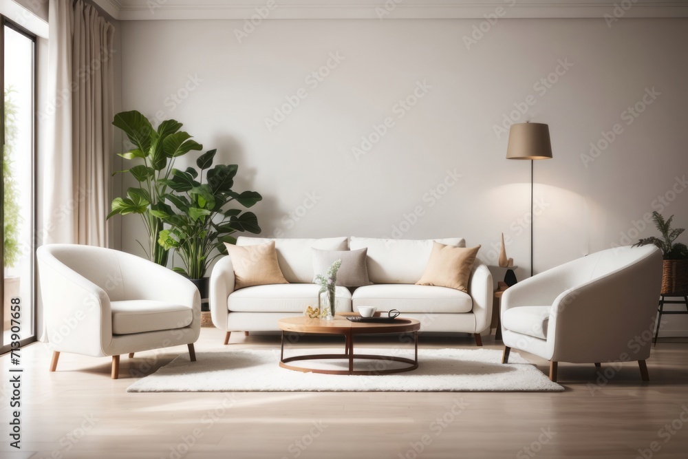 Interior home design of modern living room with sofa, armchair and round table near the window Interior home design of modern living room with sofa, armchair and round table near the window