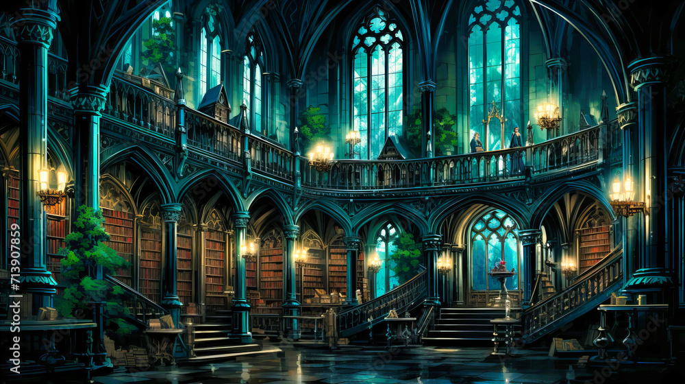 Step into a grand Gothic interior with majestic windows and candlelit ambiance. This illustration captures the mysterious beauty of medieval architecture.