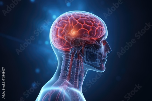 Human Brain Medtech, AI models Head cyborg technology imaging techniques angiography and CT scans. Human skulls digital radiography, radiation exposure. Axonal structures fractal patterns mind anatomy