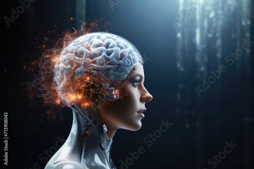 Human Brain Medtech, AI models Head cyborg technology imaging techniques angiography and CT scans. Human skulls digital radiography, radiation exposure. Axonal structures fractal patterns mind anatomy