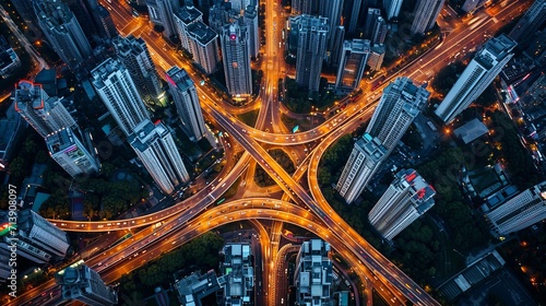Urban cityscape at night with expressway traffic and bustling intersection roads, aerial view
