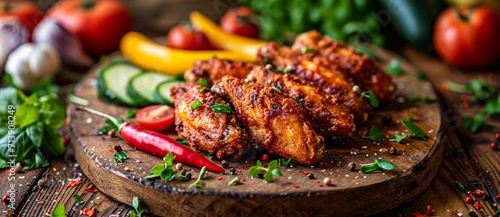 A delectable dish of succulent barbecue chicken wings and fresh vegetables, beautifully roasted and served on a rustic wooden board, showcasing the perfect blend of flavors and textures in this mouth