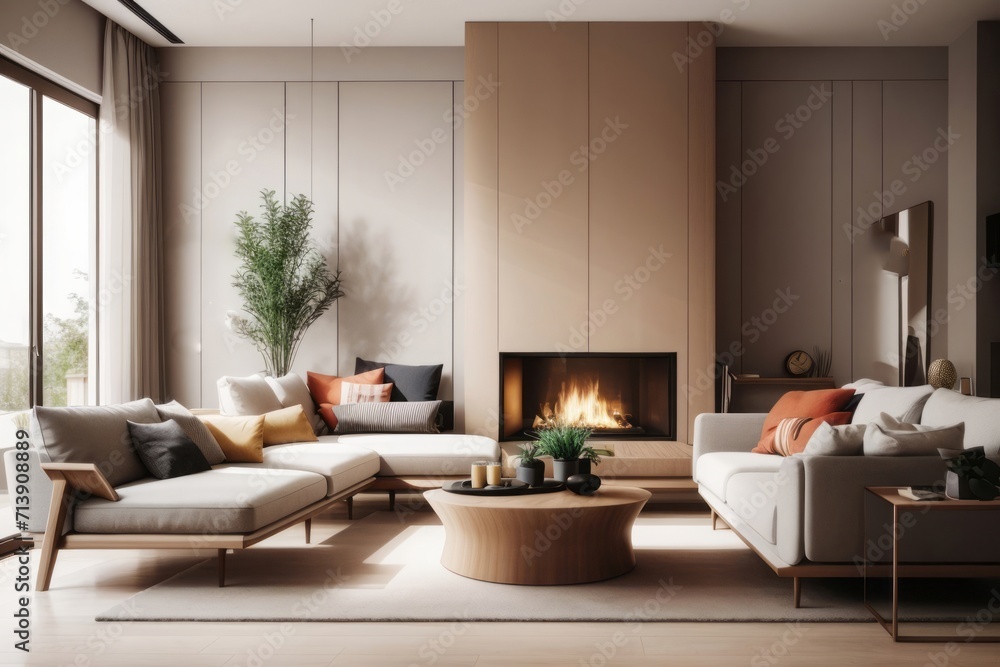 Interior home design of modern living room with sofa and wooden table with fireplace Interior home design of modern living room with sofa and wooden table with fireplace