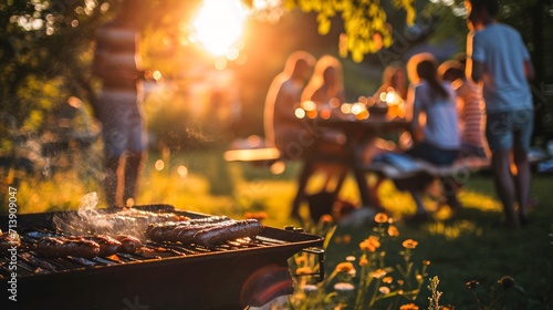 A group of people gathered around a sizzling barbecue, basking in the warmth of the summer sun, dressed in casual clothing and surrounded by towering trees, eagerly anticipating the delicious outdoor