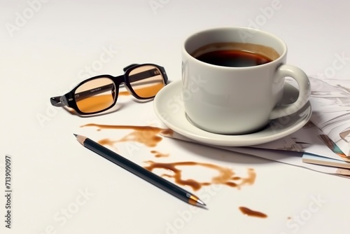 cup of coffee and notebook with a Glass