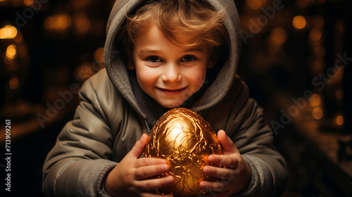 A child ecstatically holding a golden egg, symbolizing a special and coveted find during the Easter egg hunt.